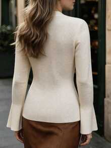 Cévolie Women's Single Button Apricot Cinched Waist Long Sleeve Knit Cardigan - Apricot - View 2