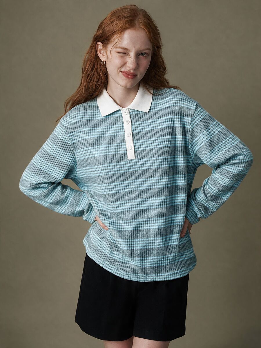 Elnivra Women's Striped Long Sleeve Polo Collar Casual T-Shirt - Multicolor - View 1