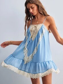 Willow Rêve Women's Blue Chiffon Lace Patchwork Spaghetti Strap Mini Dress - Blue - View 1