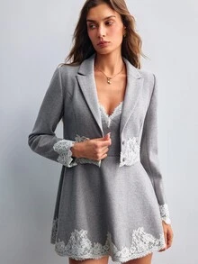 Willow Rêve Women's Lace Patchwork Grey Wool Mini Dress - Grey - View 7