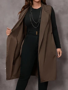 EMERY ROSE Plus Size Coffee Brown Belted Button Pocket Notched Lapel Sleeveless Jacket Casual Outerwear Fall Winter 2026 - Coffee Brown - View 6