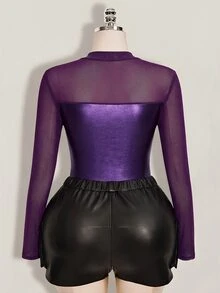 SHEIN ICON Women's Plus Size Autumn/Winter Leather & Mesh Patchwork Black Slim Fit T-Shirt - Purple - View 2