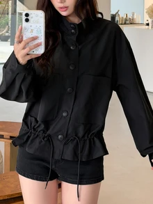 K-Vae Women's Black Single-Breasted Long Sleeve Casual Drawstring Jacket - Black - View 3