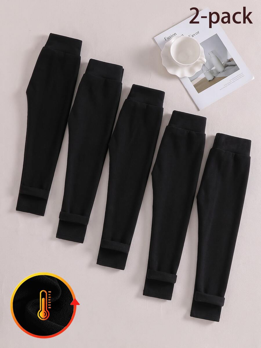 SHEIN 女童秋冬抓絨內搭褲,休閒簡約風,隨機配色(5件/2件) - 黑色 - 查看 1