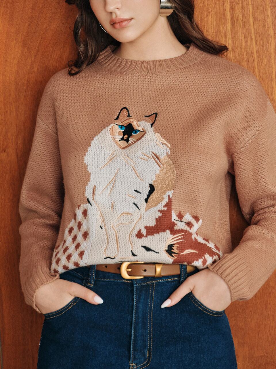 Women's Cat Round Neck Knitted Sweater, Long Sleeve, Cute Niche New Style, Autumn/Winter