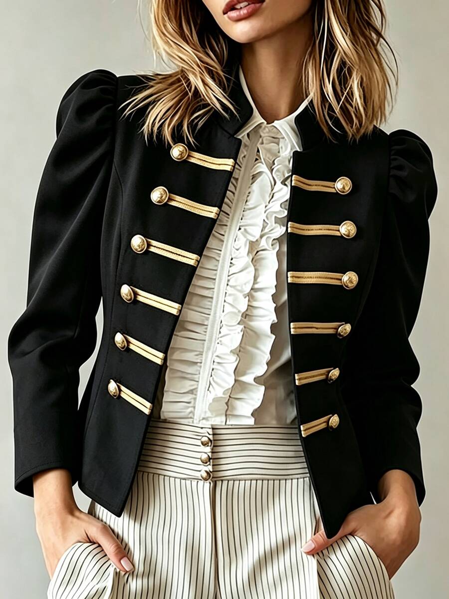 LUMIGAL Women's New Napoleon Jacket Short Gold Double-Breasted Top Outerwear, Spring/Autumn Stand Collar Gold Trim Puff Sleeve Versatile Jacket - Black - View 1