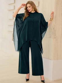 Roveilla طقم نسائي مقاس كبير بلون سادة للتنقل اليومي، توب بياقة صغيرة واقفة وأمام مفتوح وأكمام متطايرة وحافة غير متماثلة، مع بنطال طويل بخصر مطاطي، قطعتان - أخضر داكن - مشاهدة 5