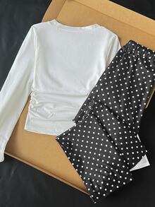 SHEIN 青少年女孩 T-shirt - 青少年女孩針織長袖 T-shirt 白色黑色波點長褲休閒可愛 2 件套裝校園秋季 - 黑與白 - 查看 4