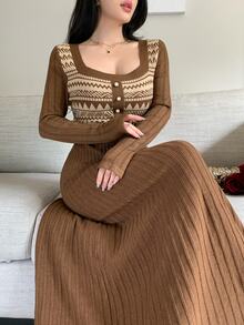 Feyla Women's Geometric Pattern Button Design Long Sleeve Elegant Knit Dress - Multicolor - View 1