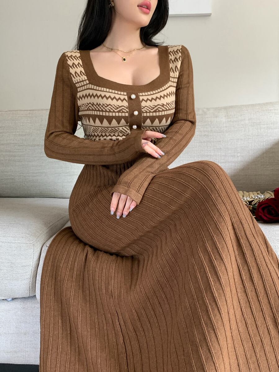 Feyla Women's Geometric Pattern Button Design Long Sleeve Elegant Knit Dress - Multicolor - View 1