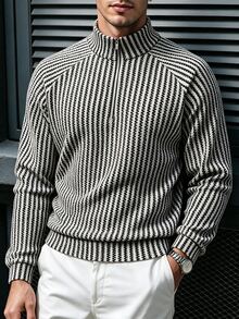 TONEVAULT Men's Striped Raglan Long Sleeve Zip Half-Placket Casual Sweatshirt - White - View 7