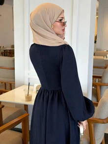 Solavon Gaun Vintage Desain Baru dengan Ikat Pinggang dan Kancing Logam, Elegan, Melangsingkan, dan Serbaguna untuk Sehari-hari - Navy Blue - View 7