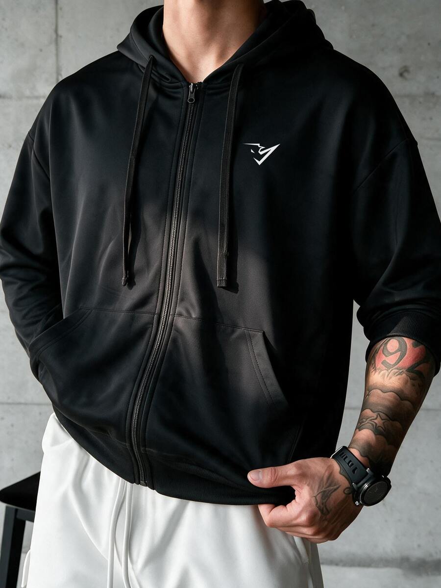 Gym Rark Men's Geometric Print Zip-Up Hooded Sports Jacket With Pockets - Black - View 1