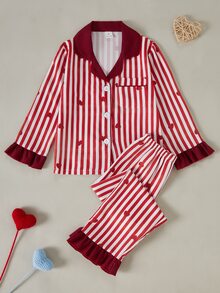 SHEIN 女童條紋長袖上衣與長褲休閒日常居家睡衣套裝 - 彩色 - 查看 1