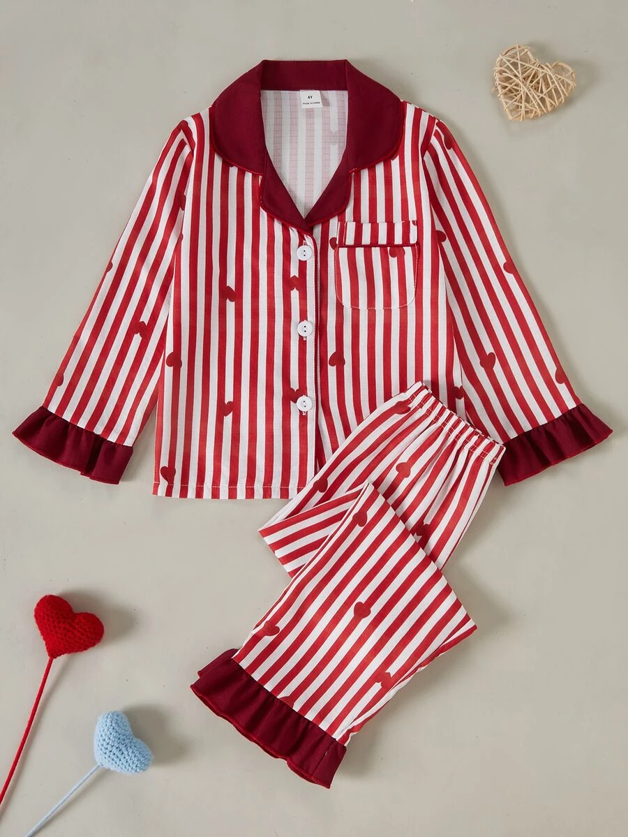 SHEIN 女童條紋長袖上衣與長褲休閒日常居家睡衣套裝 - 彩色 - 查看 1