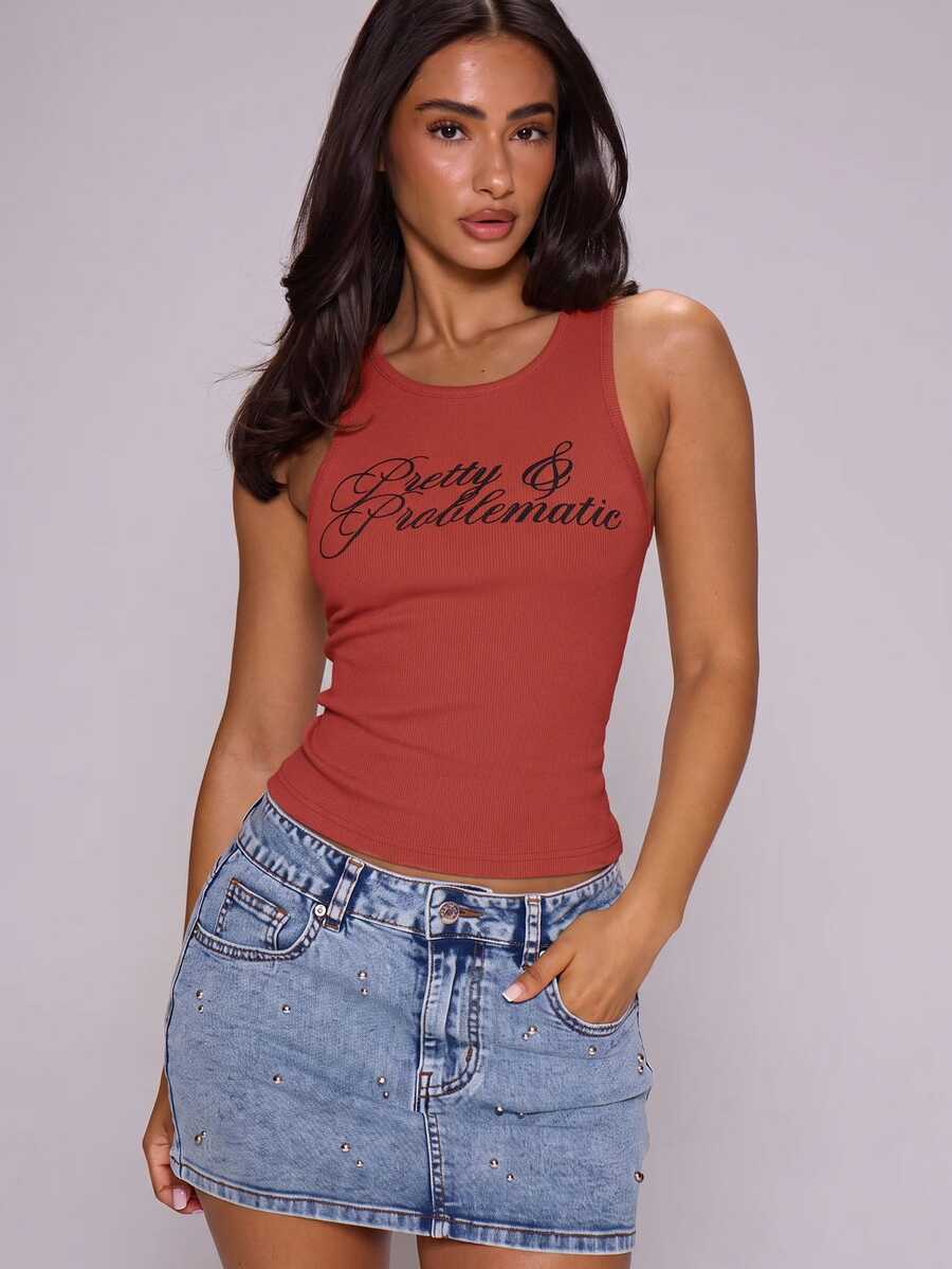 MUSERA Graphic Tank 'Pretty & Problematic' Spring Summer Festival Ibiza Holiday Y2K Vintage - Red - View 1
