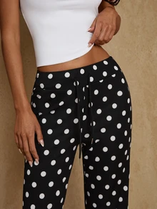 Glamine Women's Autumn Low Waist Elastic Drawstring Tie Waist Draped Ribbed Polka Dot Print Casual Sports Flare Pants - Black - View 7