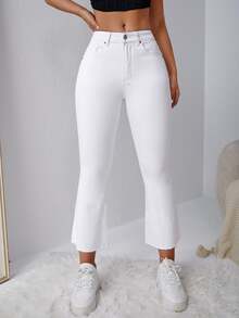 Selenza Plus Size Women's Casual Versatile Denim Cropped Flare Leg Pants With Pockets - White - View 5