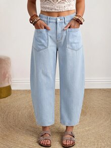 SHEIN CURVE+ Plus Size Women's Striped Pattern Pocket Design Button Straight Leg Casual Jeans - Blue - View 7