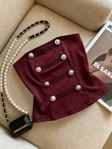 Franclia Women's Button Design Fashion Strapless Napoleon Top - Burgundy - View 5
