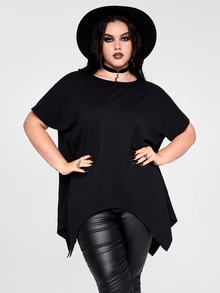 ROMWE Y2K Punk Gothic Plus Size Women Black Asymmetrical Hem Back Lace Patchwork Sexy Sheer Fabric - Black - View 4