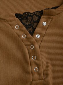 Sweetra Women's Autumn Half-Open Cuff Eyelet Decor Lace 2 In 1 Long Sleeve Solid Color T-Shirt - Chocolate Brown - View 5