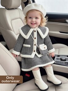 幼女羊毛大衣 優雅甜美 黑白千鳥格格紋 毛絨飾邊 長袖翻領 加厚款 婚禮派對 冬季秋季 假日保暖時尚 - 紅色 - 查看 6