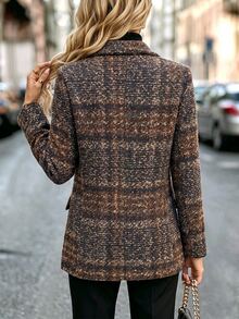 SHEIN Women's Fashion Tweed Plaid Buttonless Cardigan Jacket, Casual Blazer For Autumn/Winter, Suitable For Daily Commute, Outings, Workplace Wear - Brown - View 2