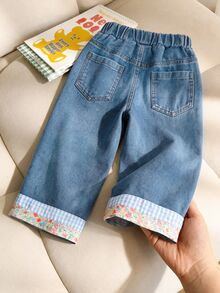 SHEIN 1pc Girls Casual Preppy Denim Straight Leg Floral Pants - Blue - View 8