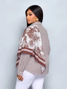 SOLERSUN Plus Size Fall Luxury Commuter Brunch Office Mid-Length Long Sleeve Shirt Turn-Down Collar Button-Up Striped Scarf Print Teacher's Day All White - Coffee Brown - View 3