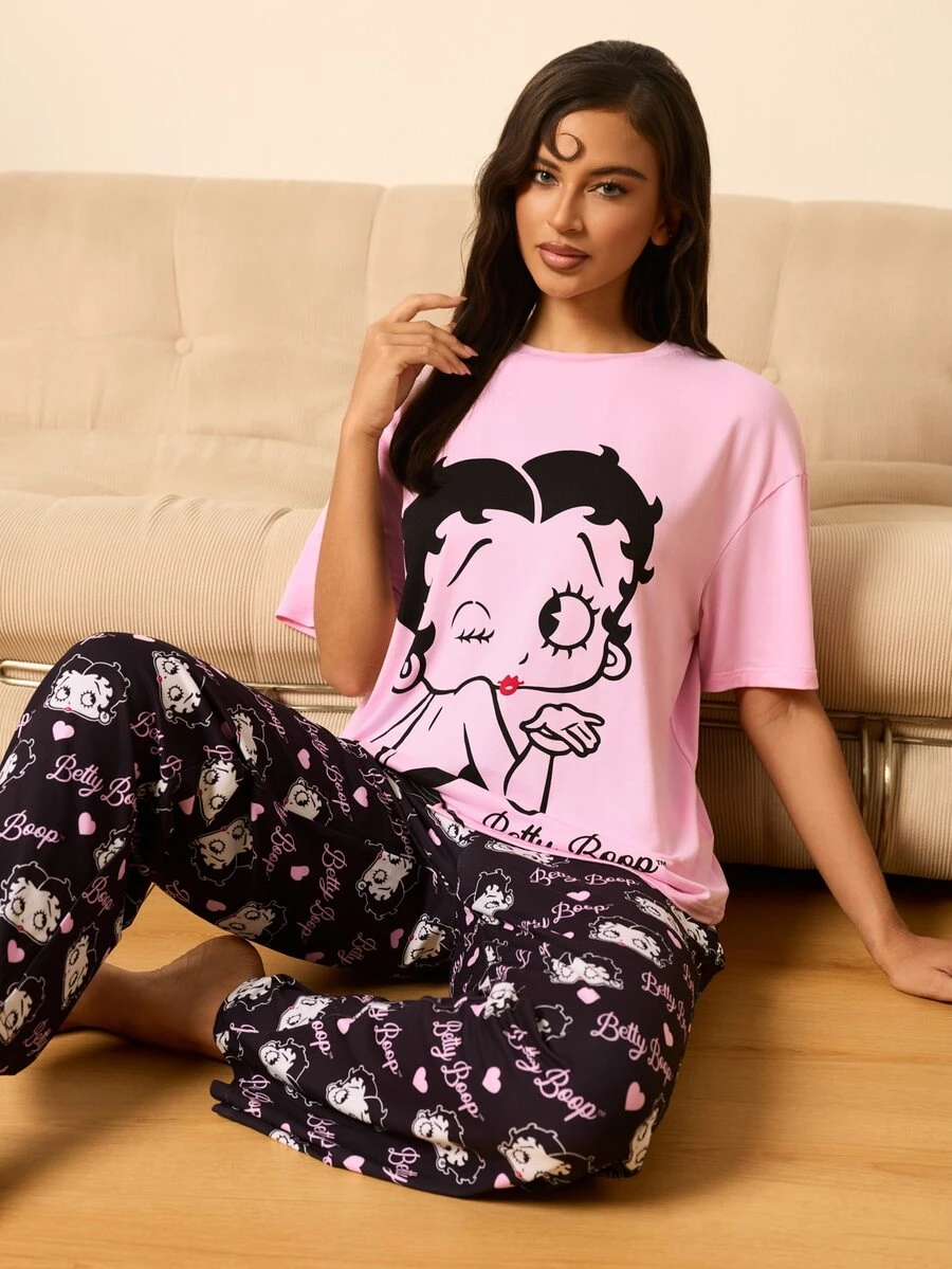 Betty Boop x SHEIN Women's Cartoon Print Short Sleeve Top And Long Pants Casual Daily Home Pajama Set - Pink - View 1