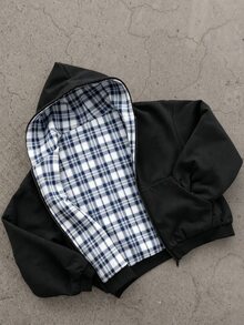 SHEIN 青少年男孩休閒格紋素色雙面可穿連帽秋季夾克，正反兩面皆可穿 - 黑色 - 查看 3