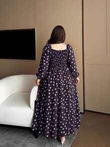 Vibekara 大尺碼女款波點圖案前綁帶長袖優雅洋裝 - 彩色 - 查看 2