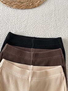 SHEIN 女嬰 3 件組黑色棕色米色羅紋針織喇叭褲 高級棉質柔軟透氣彈性腰舒適休閒日常秋季穿搭服飾 - 彩色 - 查看 5