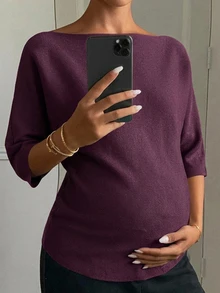 Dazy Maternity 寬鬆版型純色休閒短袖日常穿著初秋孕婦針織衫 - 酒紅色 - 查看 1