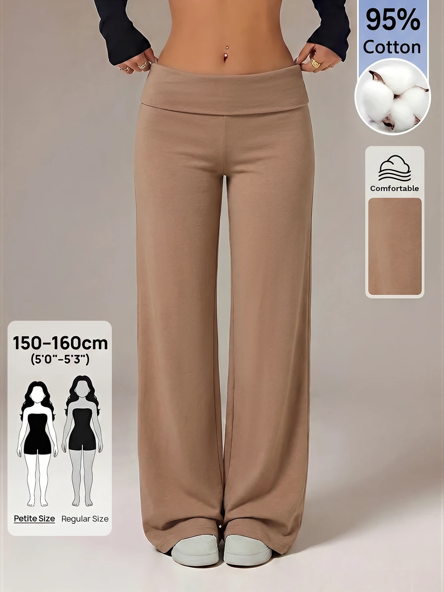 SHEIN PETITE 黑色高腰寬腿寬鬆休閒長褲 - 卡其色 - 查看 1