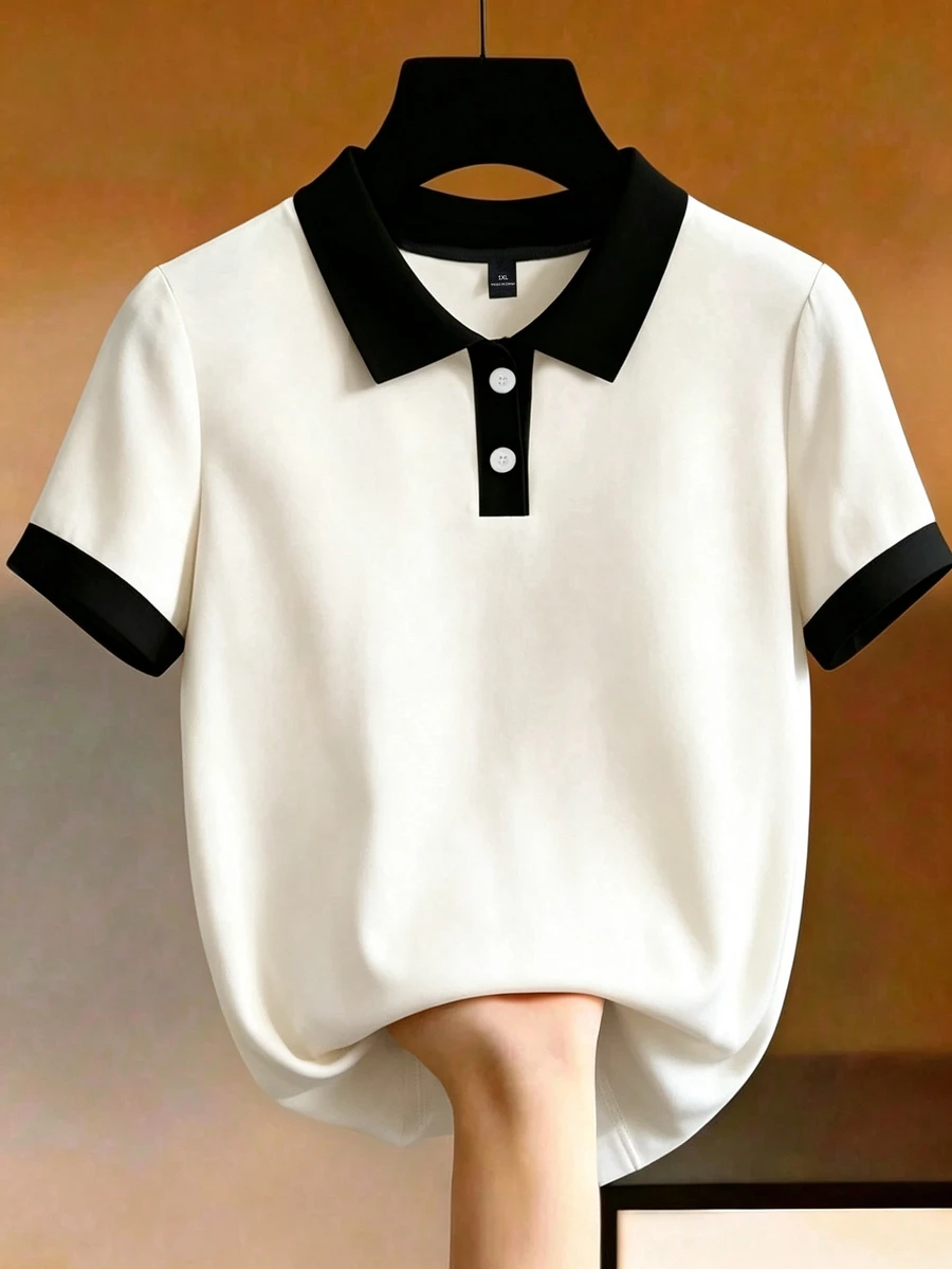 EMERY ROSE Plus Size Women's Casual Patchwork Striped Trim Polo Collar Short Sleeve T-Shirt - Multicolor - View 1
