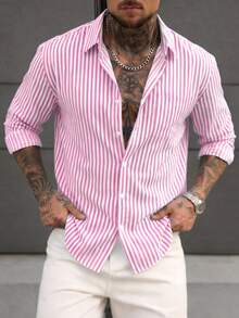 Manfinity Homme Men's Woven Minimalist Blue & White Striped Shirt - Pink - View 1