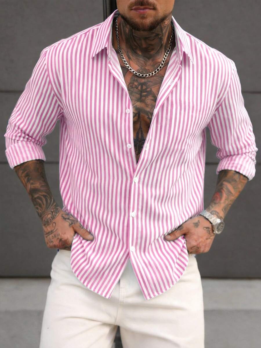 Manfinity Homme Men's Woven Minimalist Blue & White Striped Shirt - Pink - View 1