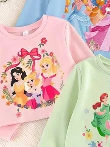 SHEIN 幼女公主卡通花卉運動衫與寬腿褲套裝，粉藍綠色 (3套) 秋冬款 - 彩色 - 查看 5