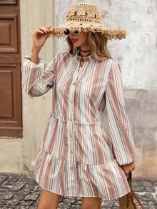Brillora Women's Striped Single-Breasted Ruffle Hem Lantern Sleeve Casual Short Dress - 棕色 - 查看 6
