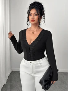 Elenzga Plus Size Elegant Lace Double-Sided Fleece Long Sleeve V-Neck T-Shirt, Basic Autumn/Winter Layering Elastic Top - Black - View 7