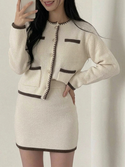 DAZY Contrast Striped Lace Trim Fitted Long Sleeve Crew Neck Cardigan & Straight Bodycon Mini Skirt Elegant Vacation Korean Style Autumn/Winter Women's Knit Sweater 2 Pieces Set