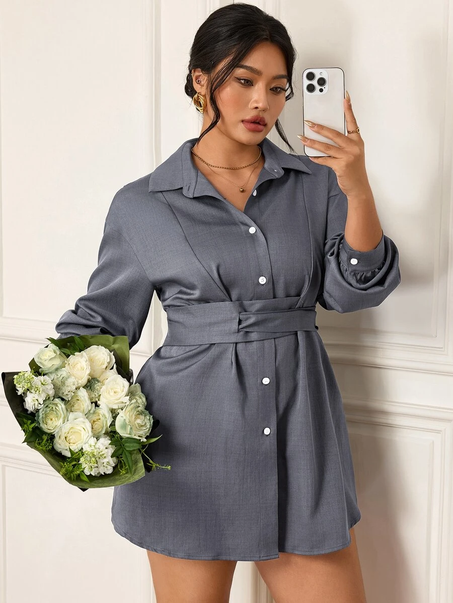 EastFlair Plus Size Women Button Down Collared Neck Belted Shirtdress With Long Sleeves Solid Color Work Brunch Office Formal Outfit Blue Fall Casual Smart - Grey - View 1