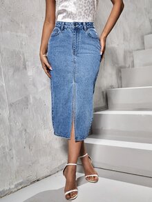 SHEIN Essnce Plus Size Women's High Waist Fashion Versatile Split Hem Denim Mini Skirt - Blue - View 4