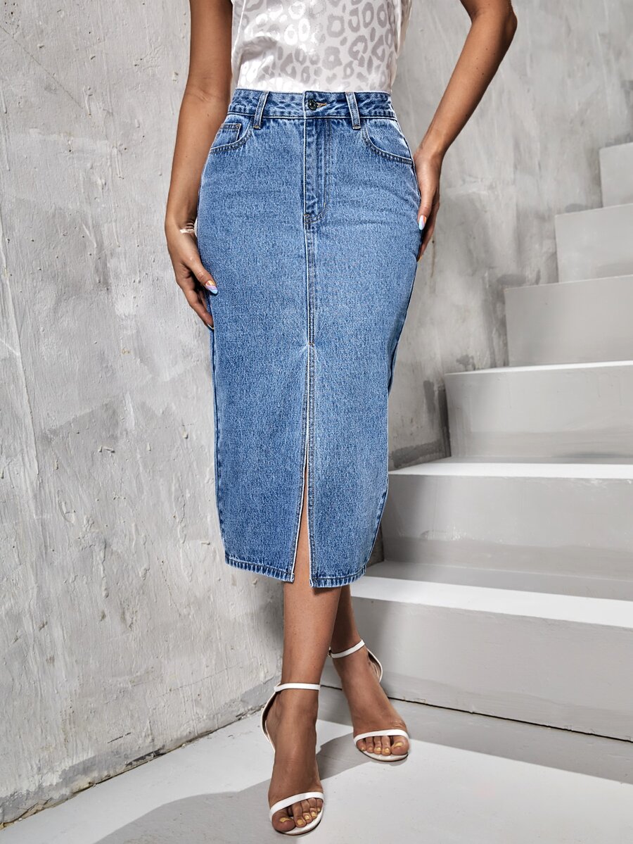 SHEIN Essnce Plus Size Women's High Waist Fashion Versatile Split Hem Denim Mini Skirt - Blue - View 1