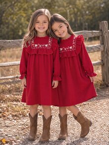 Emery Rose Kids Emery Rose Kids 少女編織素色花卉圖案荷葉邊休閒洋裝 - 紅色 - 查看 5