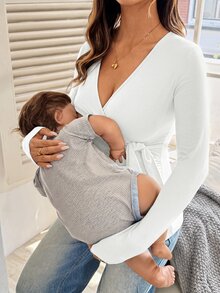 SHEIN Maternity Solid Color Overlap V-Neck Long Sleeve Tie-Front Minimalist Nursing Top - White - View 7