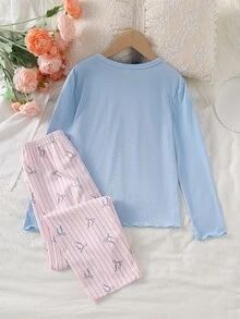 Girls' Light Blue Bow Print Long Sleeve Top And Full Bow Print Contrast Trim Long Pants Loungewear Set - Multicolor - View 2