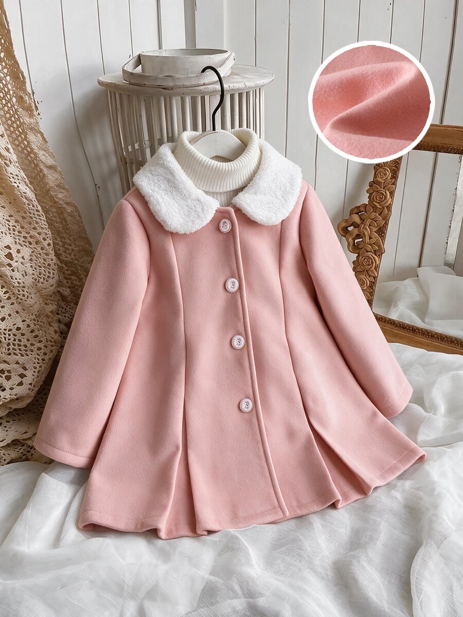 SHEIN Elladie kids 秋季毛絨領單排扣A字夾克套裝,柔軟羊毛外套,甜美公主風寬鬆版型風衣,適合日常、派對、假期秋季穿著 - 粉色 - 查看 1